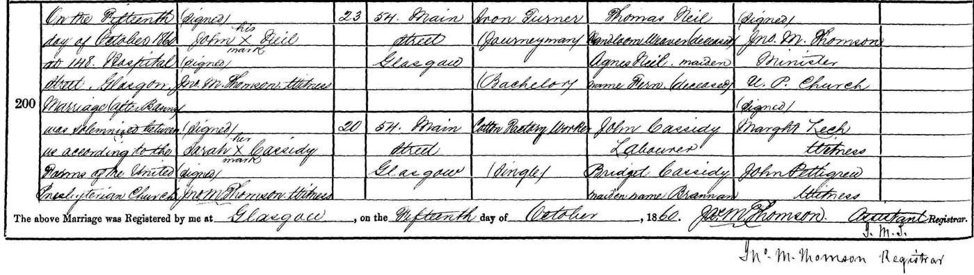 Source document N002. Statutory marriage registration of John Neil who married Sarah Cassidy 15 October 1860 at 148 Hospital Street, Glasgow (United Presbyterian Church) in the District of Hutchesontown, Burgh of Glasgow. 644/10 0200.