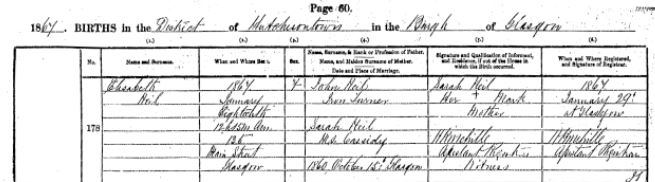 See Source_N013 for birth registration of Elisabeth Neil born 18 January 1867 at 135 Main Street, Glasgow and registered on 29th January 1867 in the District of Hutchesontown in the Burgh of Glasgow. 644/10 0178