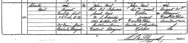 See Source_N021. Statutory birth registration of Charles Neil born 21 August 1876 644 12 1876 Entry 1071