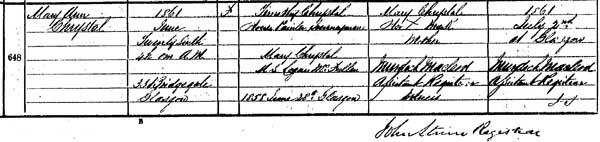 See Source_ N028. Birth Registration of Mary Ann Chrystal born 26 June 1861 in the District of Clyde in the Burgh of Glasgow. 644/05 0648