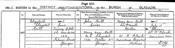 Source_ N048. downloaded image of birth registration of Elizabeth Chrystal Neil born 25 June 1895 at 122 Naburn Street, Glasgow. Births in the District of Hutchesontown in the Burgh of Glasgow 644/11 1507