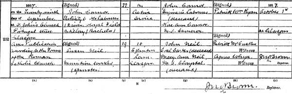 Source_N050. downloaded image of Marriage registration of Susan Neil who married John Connor on 29 September 1917 at St. John's Church, Portugal Street, Glasgow. District of Gorbals in the Burgh of Glasgow 644/17 0252.
