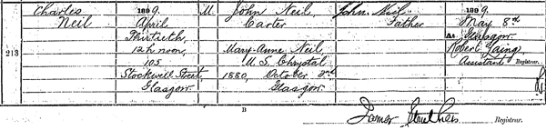  Source_ N051. downloaded image of birth registration of Charles Neil born 30th April 1899 at 105 Stockwell Street, Glasgow. Births in the District of Blythswood in the Burgh of Glasgow 644/07 213.