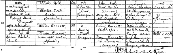 Source_ N052. downloaded image of Marriage registration of Charles Neil who married Marion Barrett on 21st March 1924 at St. John's Church, Portugal Street, Glasgow. District of Gorbals in the Burgh of Glasgow 644/17 0082.