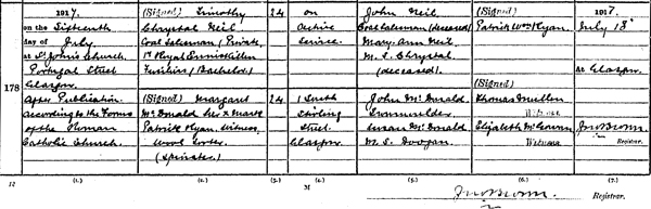 Source_ N054. downloaded image of Marriage registration of Timothy Chrystal Neil who married Margaret McDonald 16 July 1917 at St. John's Church, Portugal Street, Glasgow. District of Gorbals in the Burgh of Glasgow 644/17 0178.