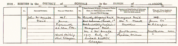 Source_ N082. Extract of an entry from the Register of Births in the District of Gorbals in the Burgh of Glasgow. 1918 page 710 Birth of John McDonald Neil on 15th June 1918.