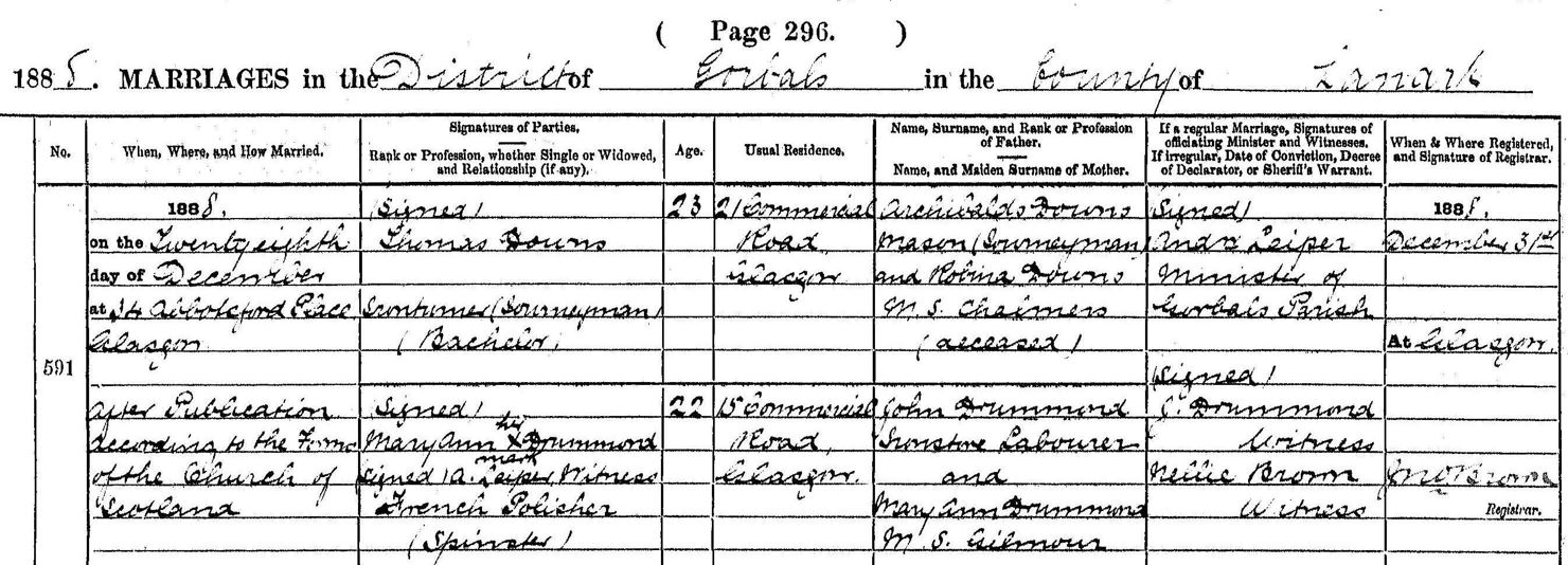 Source _N147. Downloaded image of marriage of Thomas Downs and Mary Ann Drummond