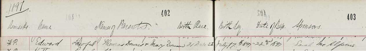 Source _N152. Downloaded image of birth and baptism of Edward Downs 1897