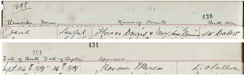 Source _N154. Downloaded image of birth and baptism of Jane Downs 1898