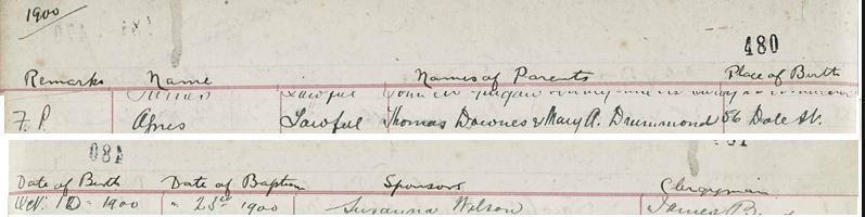 Source _N156. Downloaded image of birth and baptism of Agnes Downs 1900