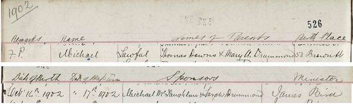 Source _N156. Downloaded image of birth and baptism of Michael Downs 1900