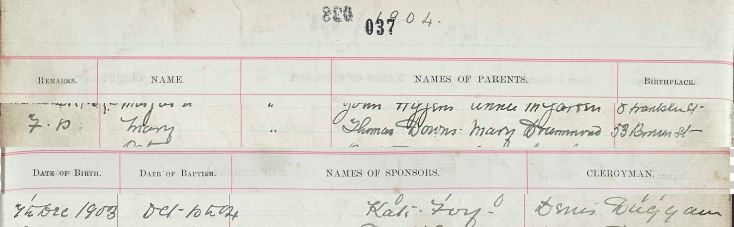 Source _N157. Downloaded image of birth and baptism of Mary Downs 1904