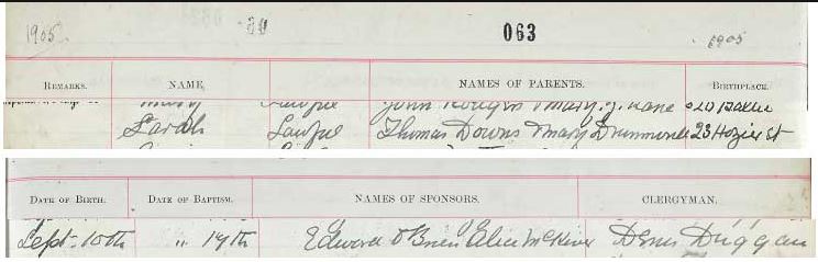 Source _N158. Downloaded image of birth and baptism of Sarah Downs 1905