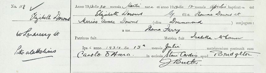 Source _N159. Downloaded image of birth and baptism of Elizabeth Downs 1912