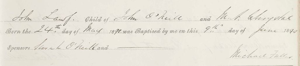 source_N166.jpg. Downloaded image of baptism of John O'Neill b.24 May 1890