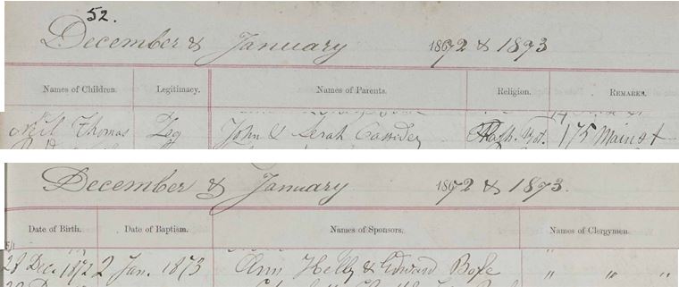 See Source_ N183 for baptism of Thomas Neil born 28 December 1872 and baptised 2 January 1873
