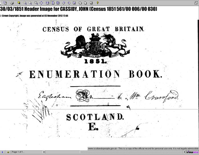 See Source  N012. Download from "Find My Past" of 1851 Census return for Back Land, Pit Street, Eaglesham, Renfrewshire. Piece 561, Folio, 16, Page 30, Reg. District Upper Ward, Parish Eaglesham, Enumeration District 6