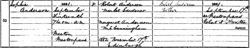 Birth of Sophia Anderson 3 September 1891 at Prestonpans