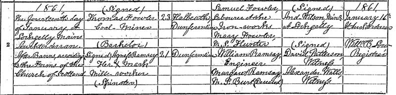 Marriage of Agnes Ramsay and Thomas Fowler 14 Jan 1861