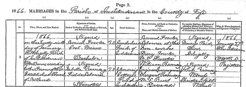 Marriage of Isabella Ramsay and Samuel Fowler 26 Jan 1866
