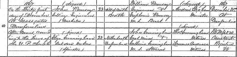 Marriage of John Ramsay and Eliza Cunningham 31 Dec 1867