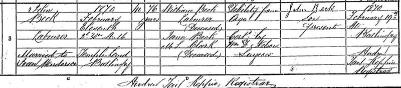 Death of John Beck 11 Feb 1870 at Ballingry