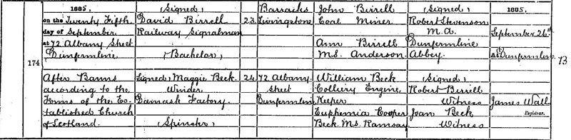 Marriage of Maggie Beck to  David Birrell 25 September 1885