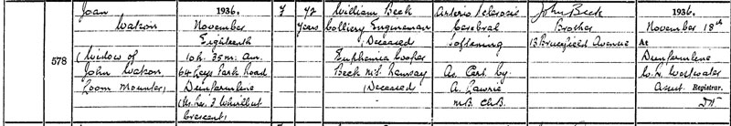 Death of Joan Watson or Beck 18 Nov 1936