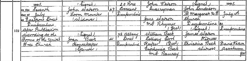 Marriage of Joan Beck to John Watson 7 Jul 1905