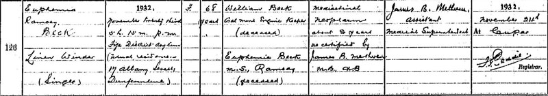 Death of Euphemia Ramsay Beck 23 Nov 1932, Fife and Kinross Asylum, Ceres 23 Nov 1932