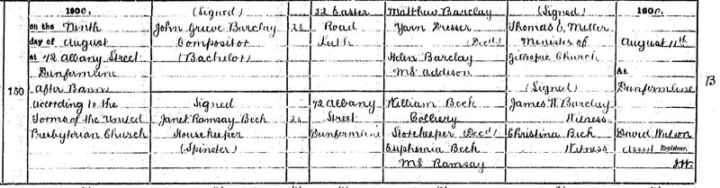 Marriage of Janet Ramsay Beck and John Grieve Barclay 9 Aug 1900
