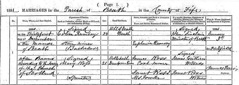 Marriage of Colin Ramsay to Marry Hunter Ross 31 Dec 1880, The Manse, Beath