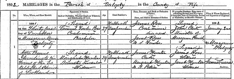 Marriage of Samuel Fowler Ross and Margaret Hunter