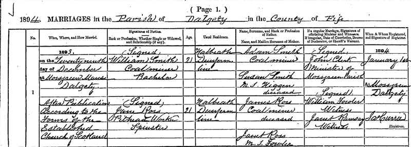 Marriage of Jane Ross to William Smith 20 Dec 1893