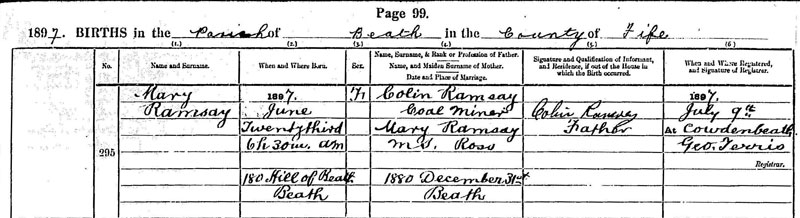 Birth of Mary Ramsay b. 23 Jun 1897