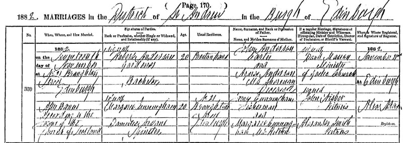 Marriage of Robert Anderson and Margaret Cunningham 17 Nov 1882