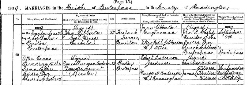 Marriage of Agnes Shearman Anderson and John Libberton 23 Sep 1909