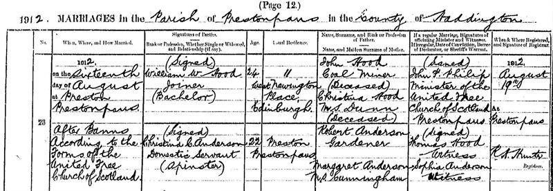 Marriage of Christina Cunningham Anderson to William Waters Wood 16 Aug 1912