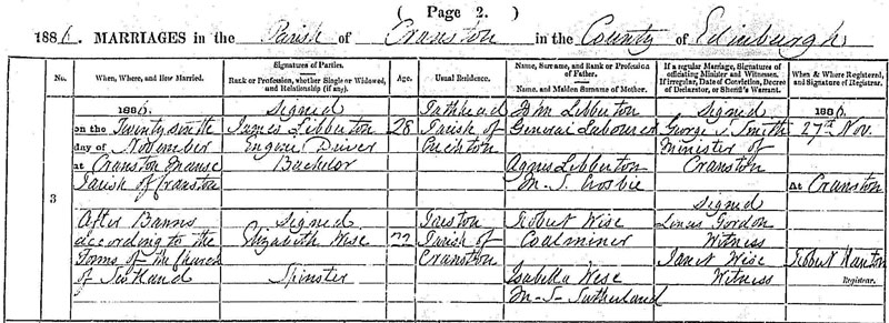 Marriage of James Libberton and Elizabeth Wise 26 Nov 1886