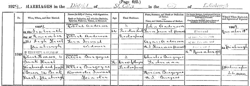 Marriage of Robert Anderson to Alice Burgoyne 16 Nov 1929