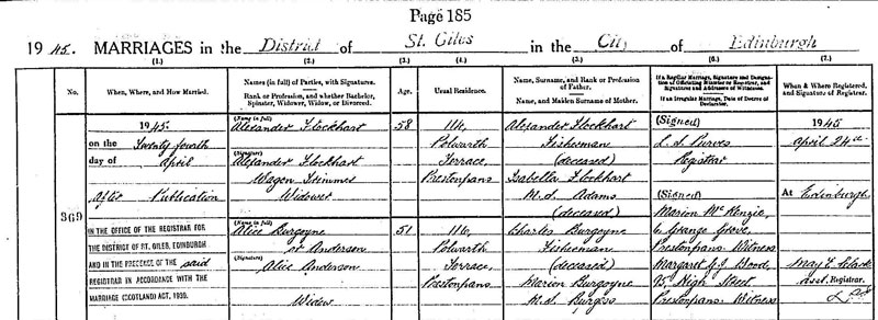 Marriage of Alice Burgoyne to Alexander Flockhart 24 April 1945