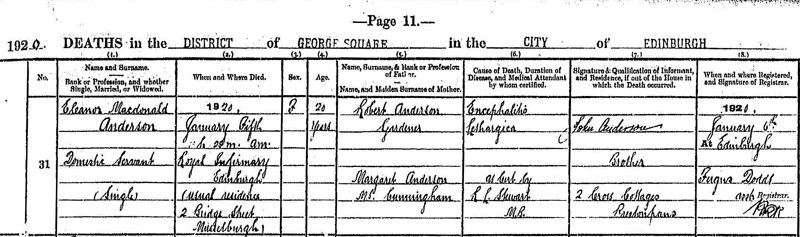 Death of Eleanor Macdonald Anderson 5 Jan 1920