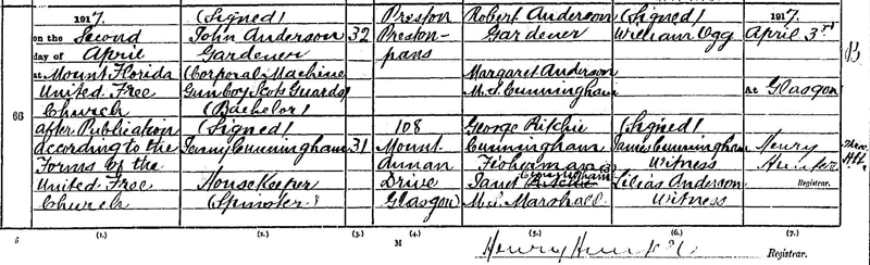 Marriage of John Anderson to Jenny Cunningham 2 Apr 1917
