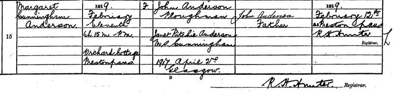 Birth of Margaret Cunningham Anderson