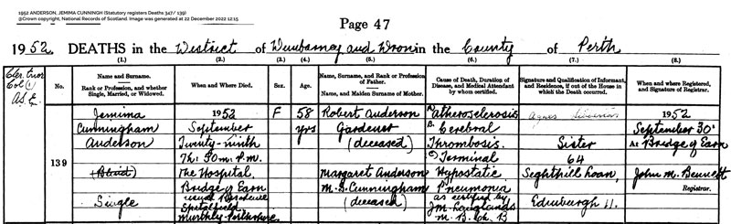 Death of Jemima Cunningham Anderson 29 Sep 1952 at Bridge of Earn, Perthshire