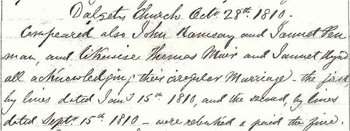 Marriage of John Ramsay and Jannet Penman as recorded in the Dalgety parish registers for 10th December 1810