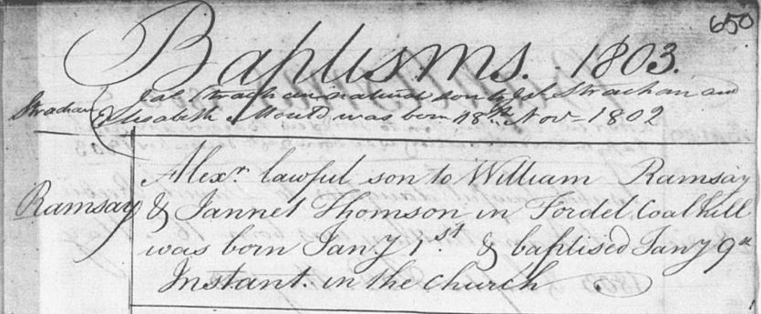 Birth of Alexander Ramsay 1 Jan in Dalgetty