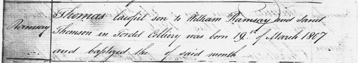 Birth of Thomas Ramsay 19 Mar 1807 in Fordell Colliery, Dalgetty