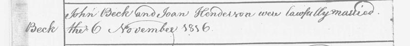 Marriage of John Beck and Joan Henderson 6 Nov 1816