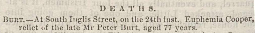 Death of Euphemia Cooper Burt